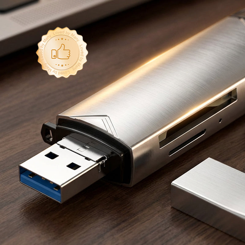 Arenzza 6-in-1 USB 3.0 OTG card reader showing multiple card slots and USB connector, used for data transfer and storage.