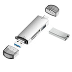 Arenzza 6-in-1 USB 3.0 OTG card reader with multiple ports, designed for electronics and accessory data transfer.