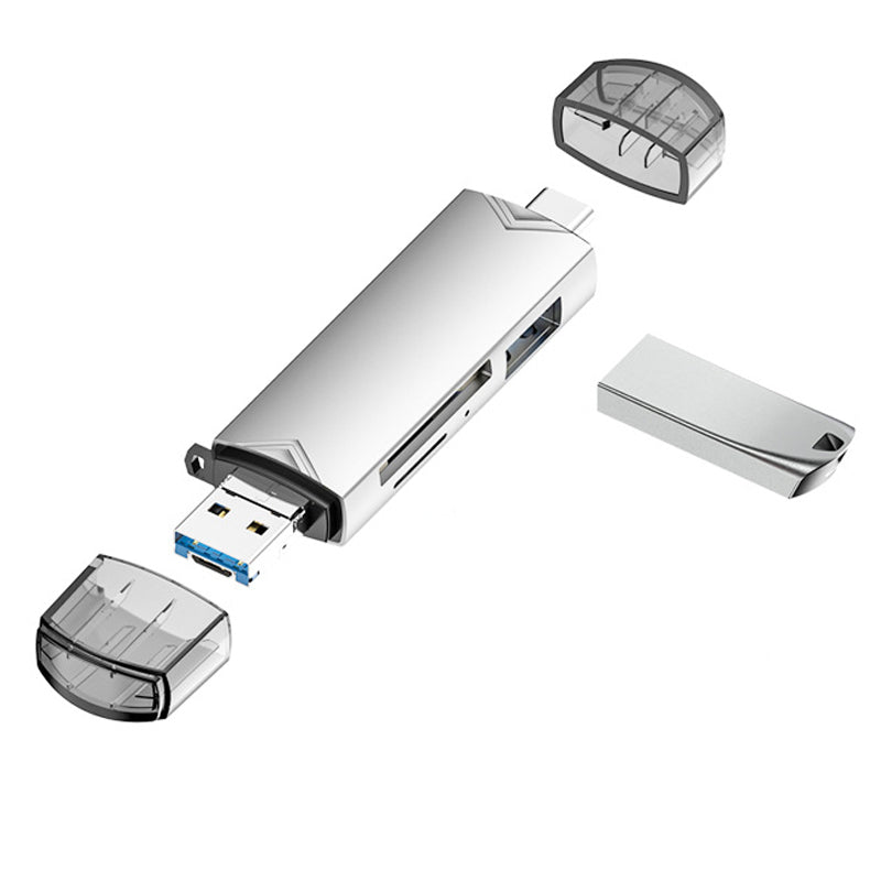 Arenzza 6-in-1 USB 3.0 OTG card reader with multiple ports, designed for electronics and accessory data transfer.