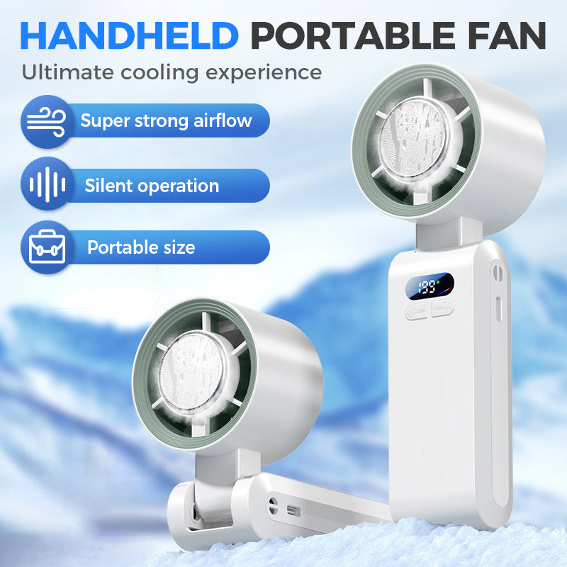 Arenzza handheld portable fan with built-in ice cooler, compact electronic gadget for cooling on the go, shown in close-up image.