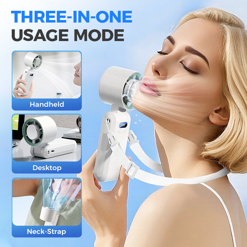 Arenzza handheld portable fan with ice cooler, compact electronic device featuring a built-in fan and cooling feature, ideal for summer.