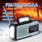 Arenzza solar hand-crank emergency weather radio with digital display and built-in flashlight, designed for outdoor safety and power outages.