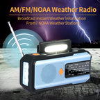 Arenzza solar hand-crank emergency weather radio with digital display, portable electronics and accessories for disaster preparedness.