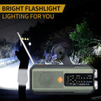 Arenzza solar hand-crank emergency weather radio with digital display, adjustable antenna, and built-in flashlight, ready for emergencies