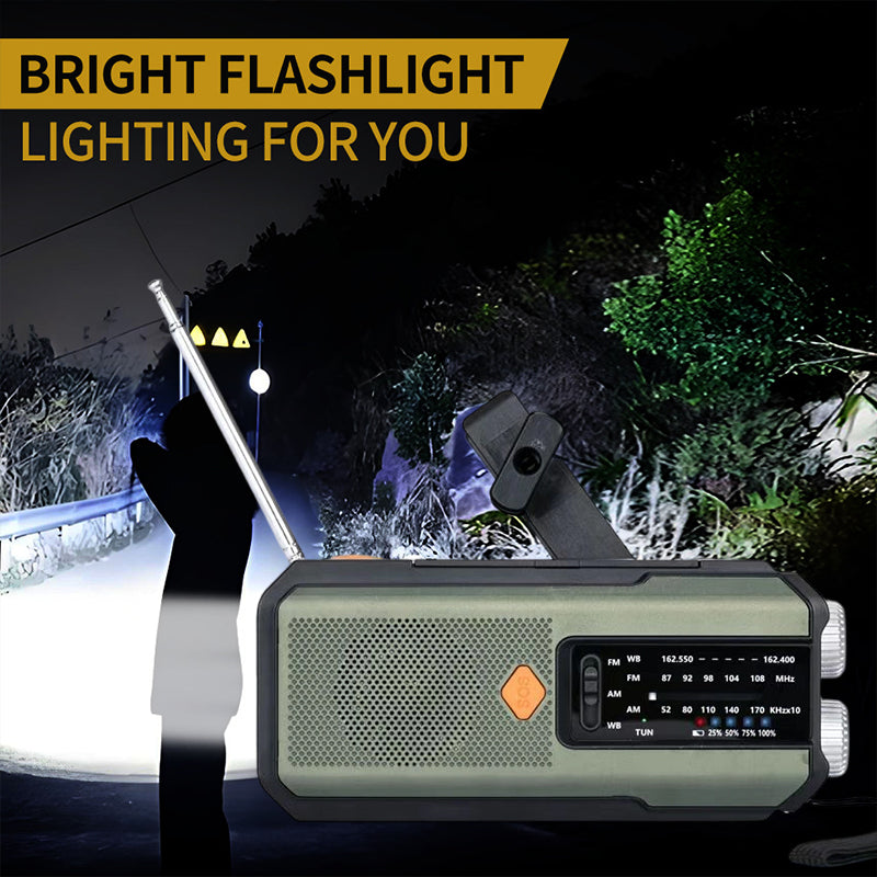 Arenzza solar hand-crank emergency weather radio with digital display, adjustable antenna, and built-in flashlight, ready for emergencies