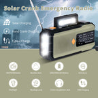 Arenzza solar hand-crank emergency weather radio with digital display, flashlight, and crank handle for off-grid power and survival.