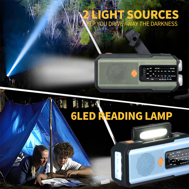 Arenzza solar hand-crank emergency weather radio with built-in flashlight, compact portable electronics and accessories.