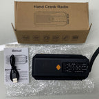 Arenzza solar hand-crank emergency weather radio with built-in flashlight and USB port for portable disaster preparedness.