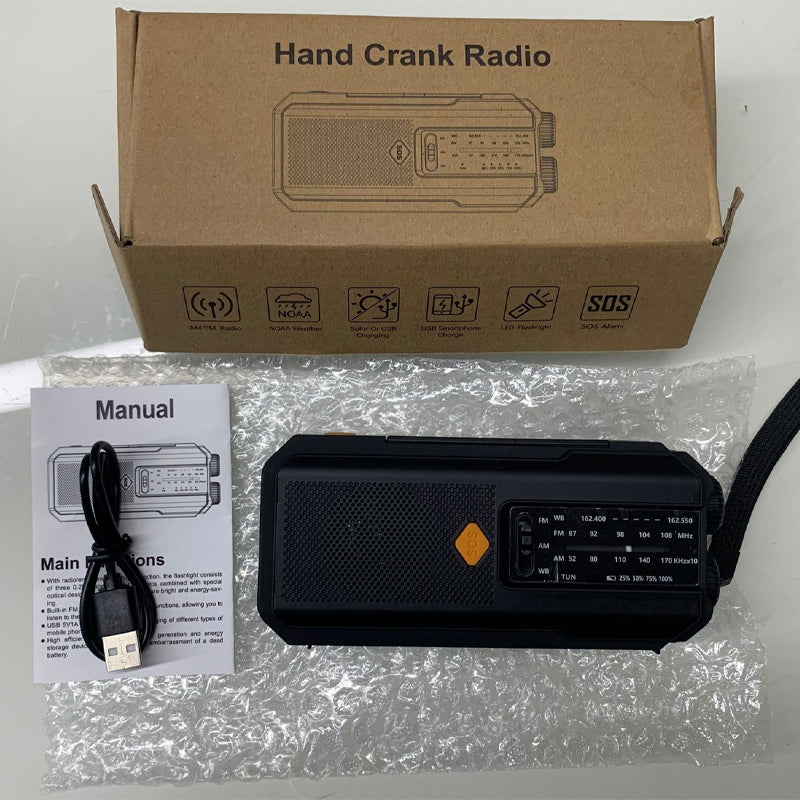 Arenzza solar hand-crank emergency weather radio with built-in flashlight and USB port for portable disaster preparedness.