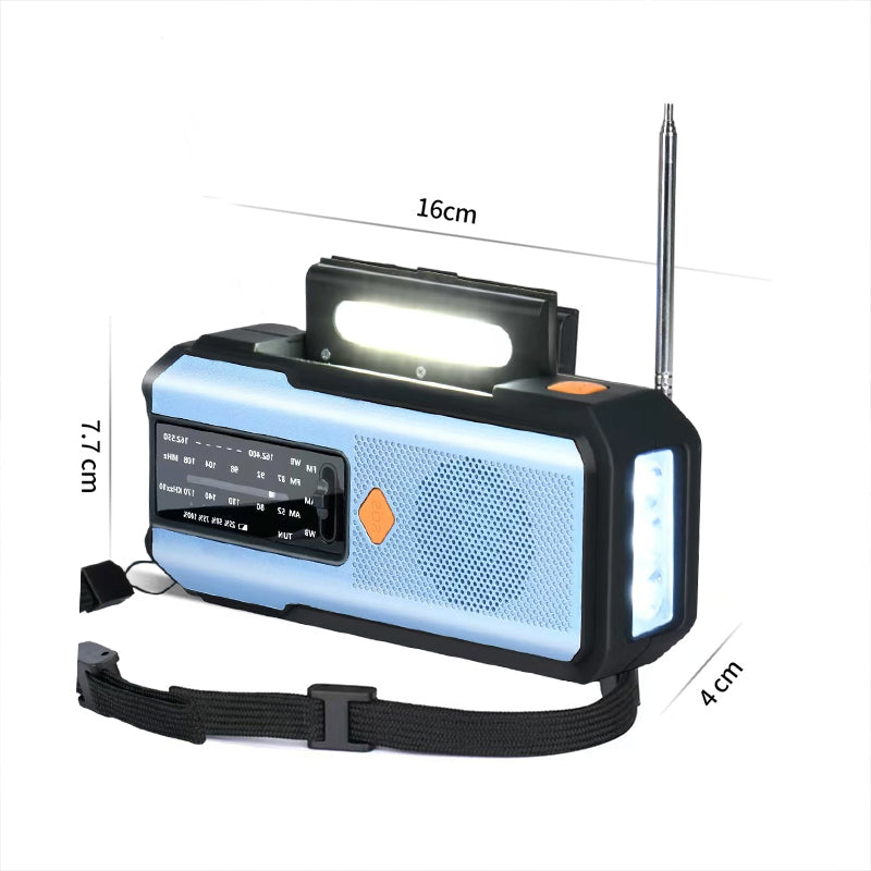 Arenzza solar hand-crank emergency weather radio with digital display and built-in flashlight for backup power and weather updates.