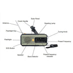 Arenzza solar hand-crank emergency weather radio with digital display, solar panel, and hand crank for power backup in electronics accessories.