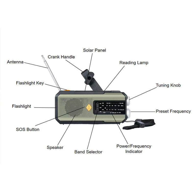Arenzza solar hand-crank emergency weather radio with digital display, solar panel, and hand crank for power backup in electronics accessories.