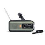 Arenzza solar hand-crank emergency weather radio with digital display, buttons, and antenna, designed for emergency preparedness.