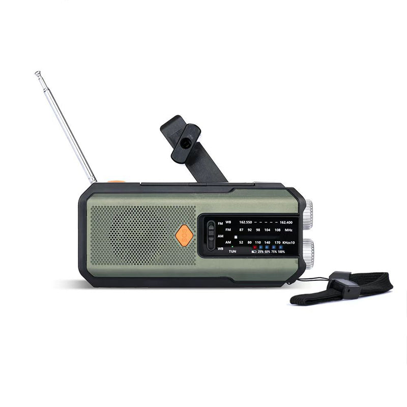 Arenzza solar hand-crank emergency weather radio with digital display, buttons, and antenna, designed for emergency preparedness.