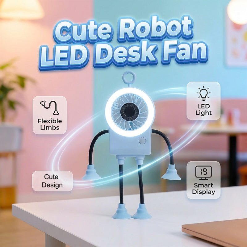 Arenzza flexible robot desk fan with LED light, compact electronic fan with adjustable arms and illuminated LED feature.