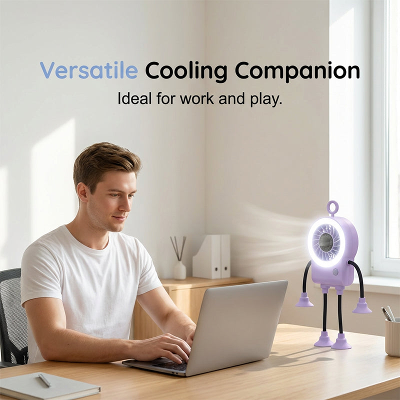 Arenzza flexible robot desk fan with LED light, showcasing adjustable angles and sleek electronic design on a desk surface.