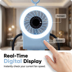 Flexible robot desk fan with LED light by Arenzza, showing adjustable head, LED illumination, and sleek electronic design.