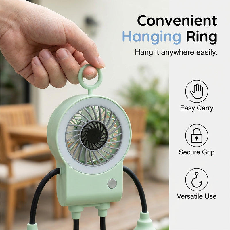 Arenzza flexible robot desk fan with LED light, compact electronic fan with adjustable head and illuminated detail.