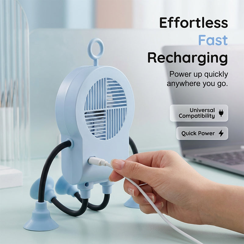 Arenzza flexible robot desk fan with LED light, showcasing adjustable angles and modern electronics design for desktop cooling.