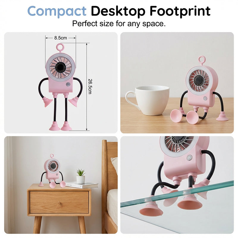 Flexible Arenzza robot desk fan with LED light, showing adjustable design, fan blades, and integrated LED illumination.
