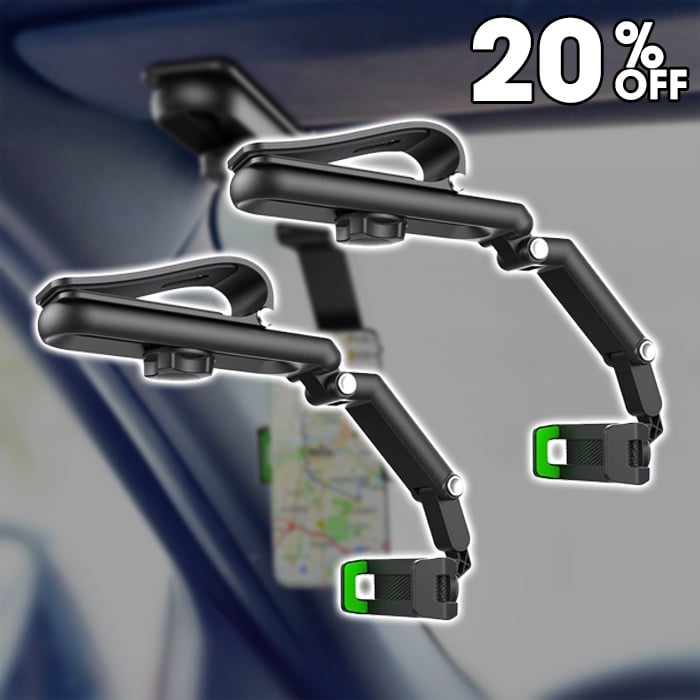 Arenzza rotatable and retractable car phone holder mounted on a vehicle dashboard holding a smartphone.