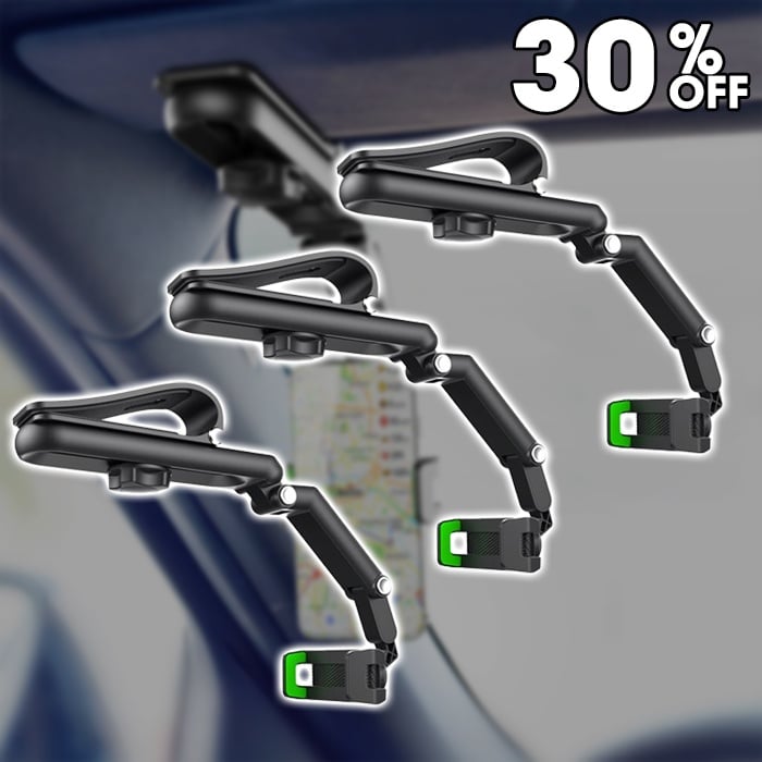 Arenzza rotatable and retractable car phone holder mounted on a dashboard, holding a smartphone securely in an electronic accessory.