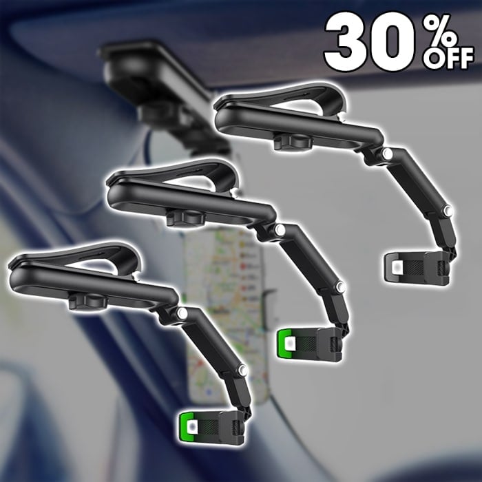 Arenzza rotatable and retractable car phone holder mounted on a vehicle dashboard holding a smartphone securely.