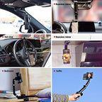 Arenzza rotatable and retractable car phone holder mounted on a car dashboard holding a smartphone securely.