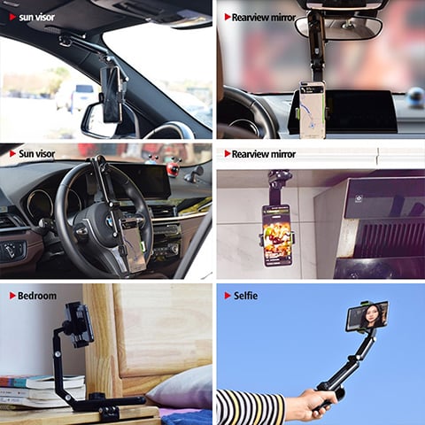 Arenzza rotatable and retractable car phone holder mounted on a car dashboard holding a smartphone securely.