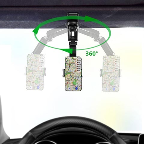 Arenzza rotatable and retractable car phone holder mounted on a car dashboard holding a smartphone.
