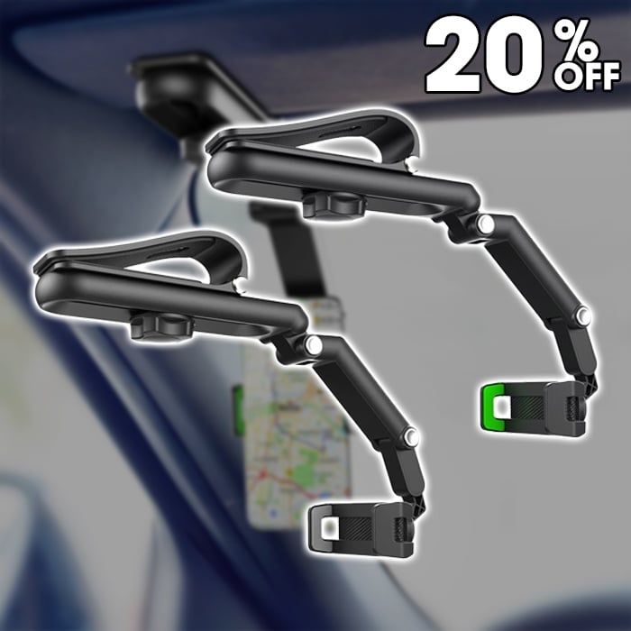 Arenzza rotatable and retractable car phone holder mounted on a car dashboard, holding a smartphone securely.