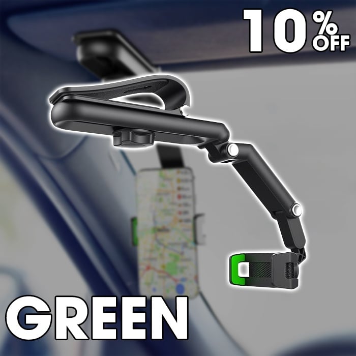 Arenzza rotatable and retractable car phone holder mounted on a car dashboard, holding a smartphone securely.