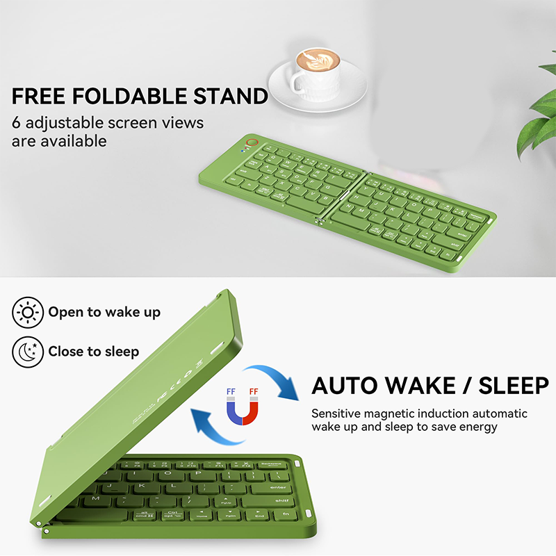 Arenzza Mini Foldable Bluetooth Keyboard showing compact design, black keys, and foldable structure on a white background.