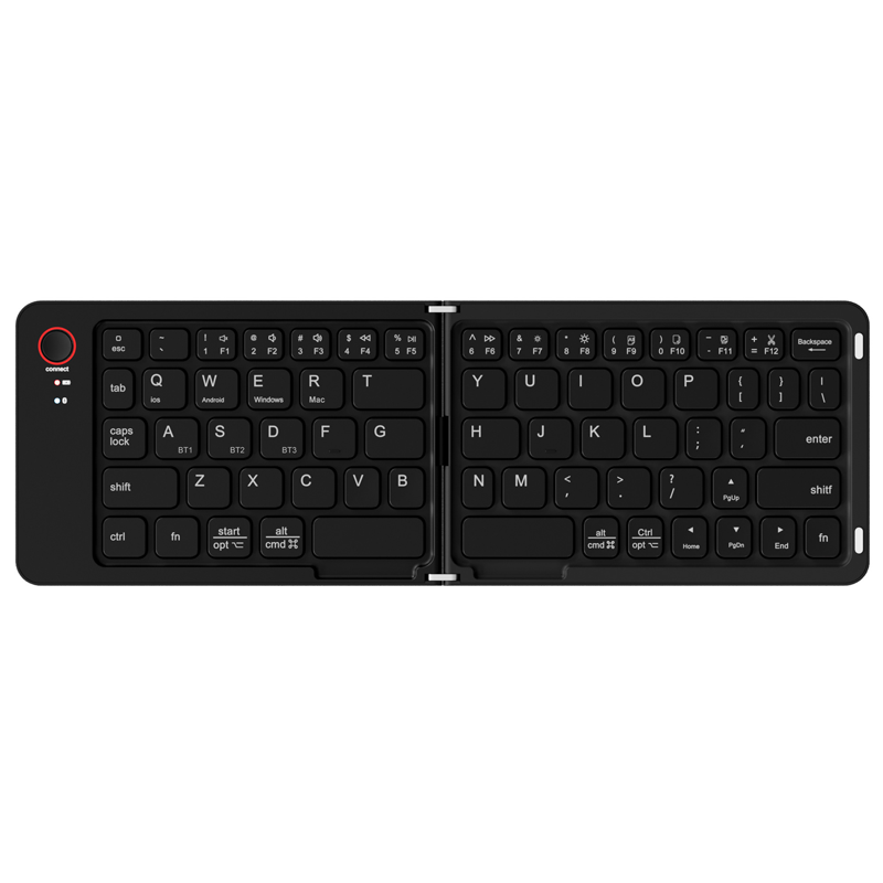 Arenzza mini foldable Bluetooth keyboard with compact design, black keys, and portable layout, ideal for travel and mobile device use.