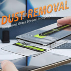 Arenzza dust-removal tempered glass screen protector kit for electronics, showing cleaning tools and installation accessories.