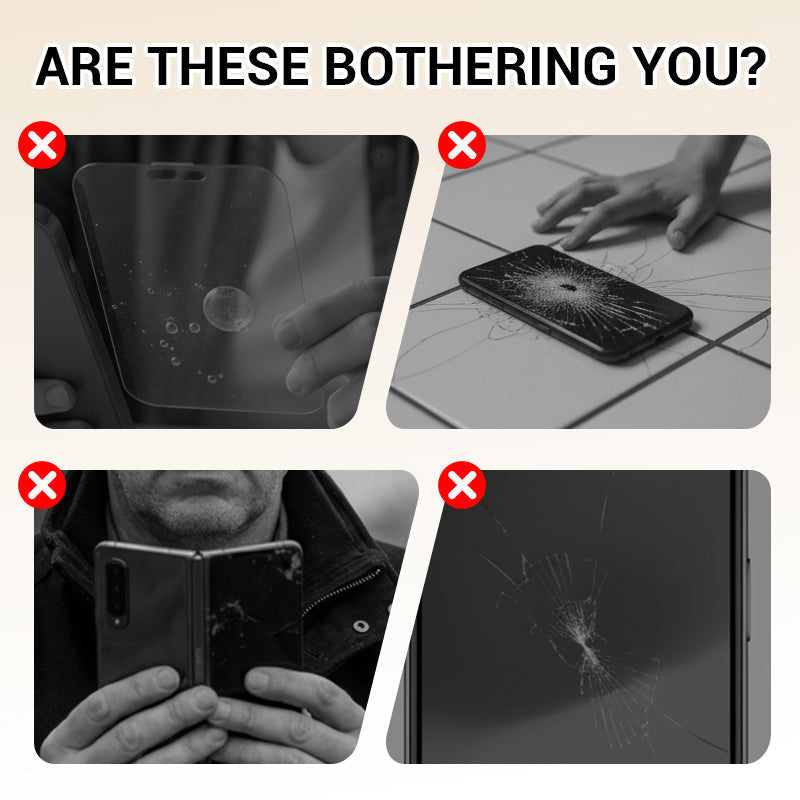 Arenzza dust-removal tempered glass screen protector kit with cleaning tools and application frame for electronic device protection.