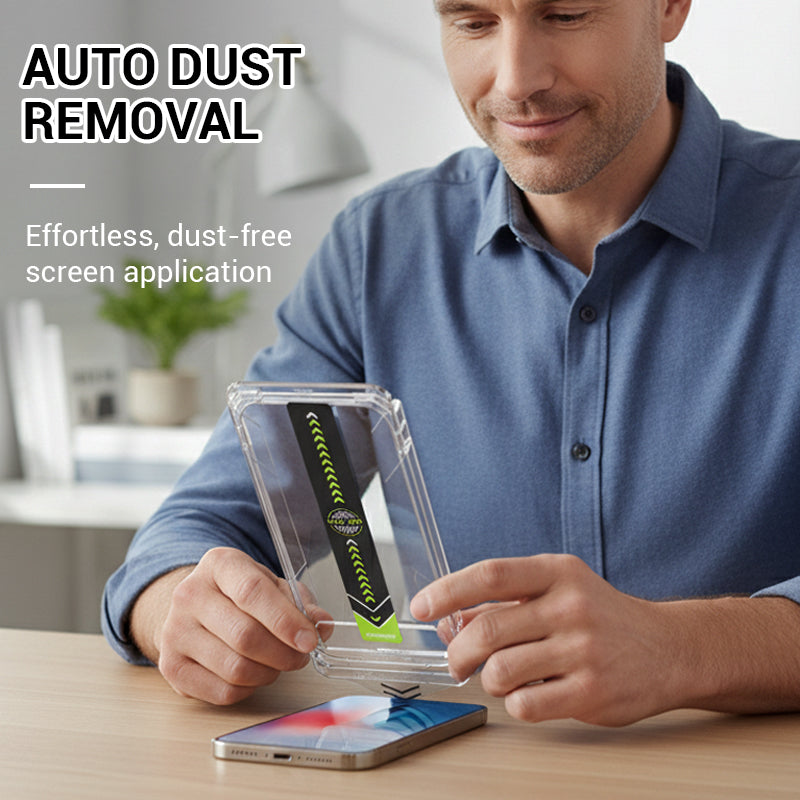 Arenzza dust-removal tempered glass screen protector kit for electronics, showing cleaning tools and installation accessories.