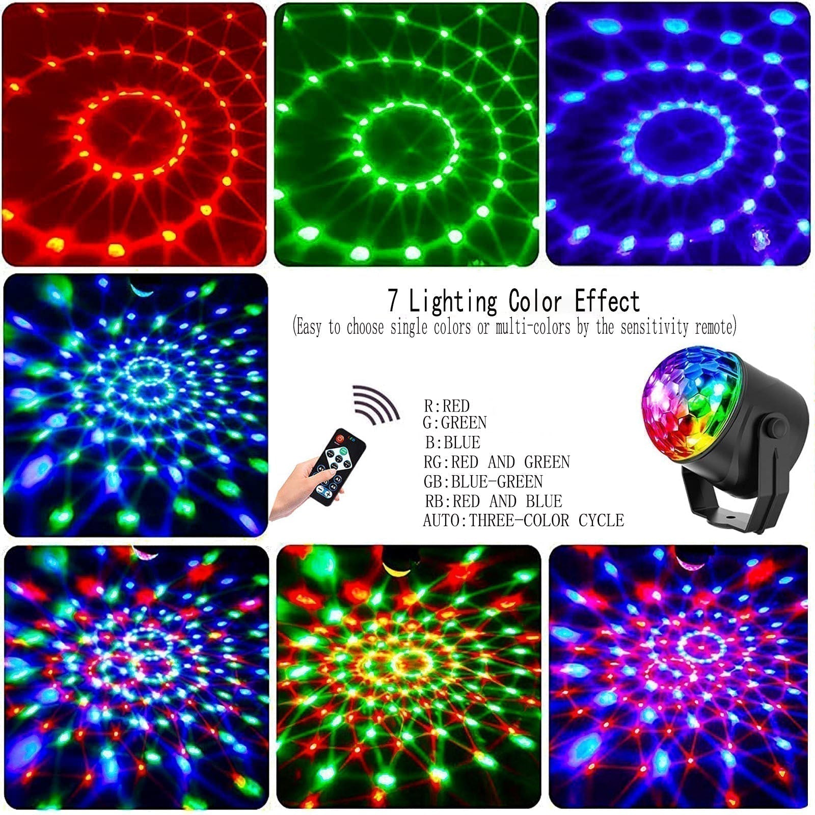 Colorful rotating disco ball light from Arenzza, ideal for festive electronics and party accessories, with vibrant light reflections.