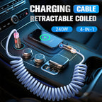 Arenzza 240W 4-in-1 retractable coiled charging cable with multiple device connectors for electronics and accessories.
