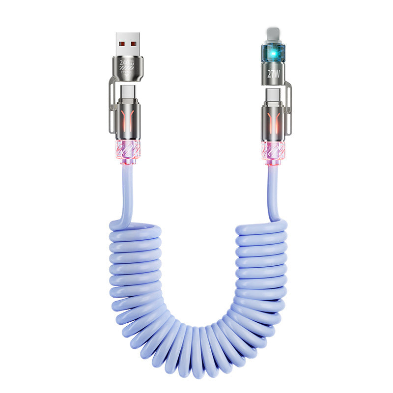 Arenzza 240W 4-in-1 retractable coiled charging cable with multiple connectors for electronic devices and accessories.