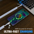 Arenzza 240W 4-in-1 retractable coiled charging cable for electronics and accessories, featuring multiple connector types.