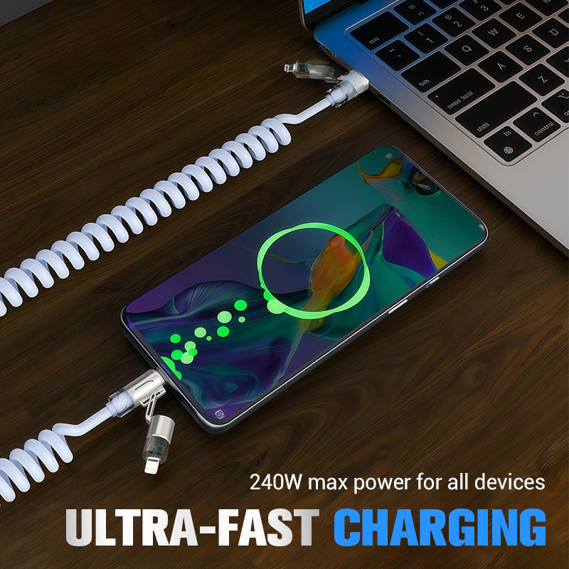 Arenzza 240W 4-in-1 retractable coiled charging cable for electronics and accessories, featuring multiple connector types.