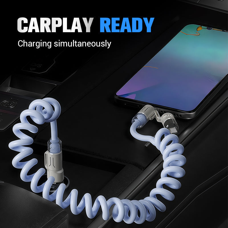 Arenzza 240W 4-in-1 retractable coiled charging cable with multiple connectors for electronic devices on a white background.