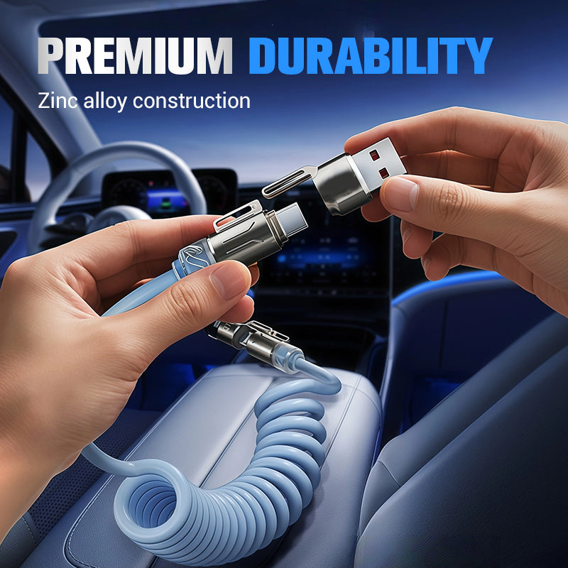 Arenzza 240W 4-in-1 retractable coiled charging cable with multiple connectors for electronic devices.