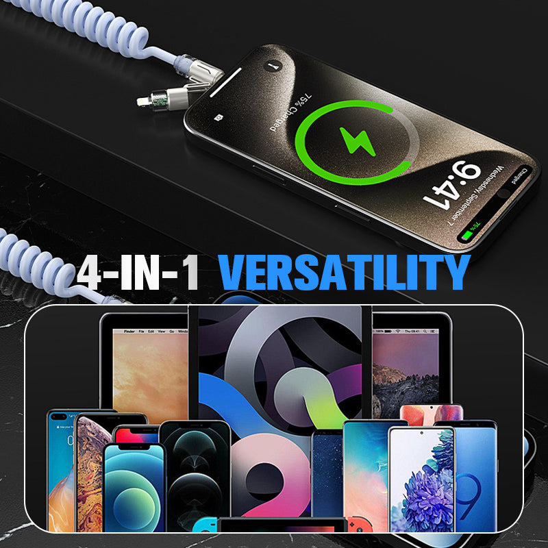 Arenzza 240W 4-in-1 retractable coiled charging cable with multiple connectors for electronic devices.