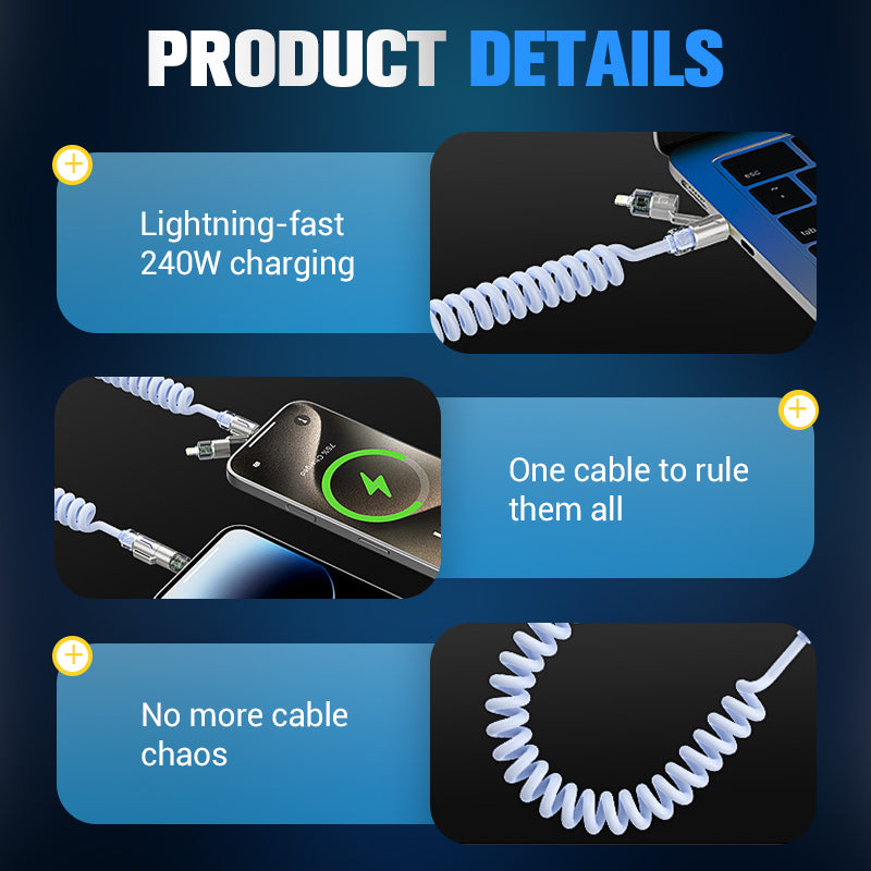 Arenzza 240W 4-in-1 retractable coiled charging cable for electronics and accessories, showing multiple connectors and coiled design.