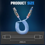 Arenzza 240W 4-in-1 retractable coiled charging cable with multiple connectors for electronic devices, shown extended and coiled.