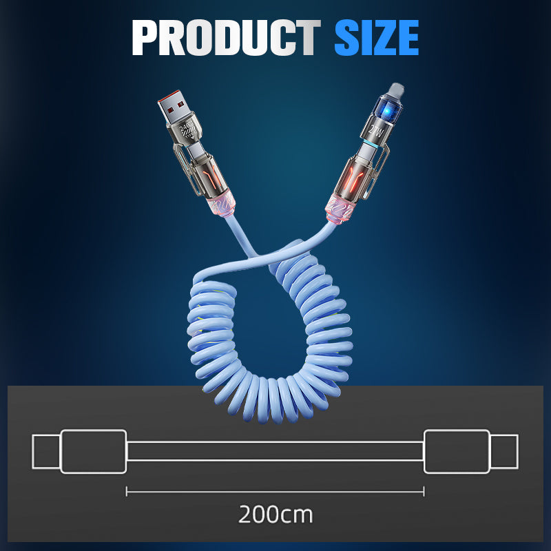 Arenzza 240W 4-in-1 retractable coiled charging cable with multiple connectors for electronic devices, shown extended and coiled.