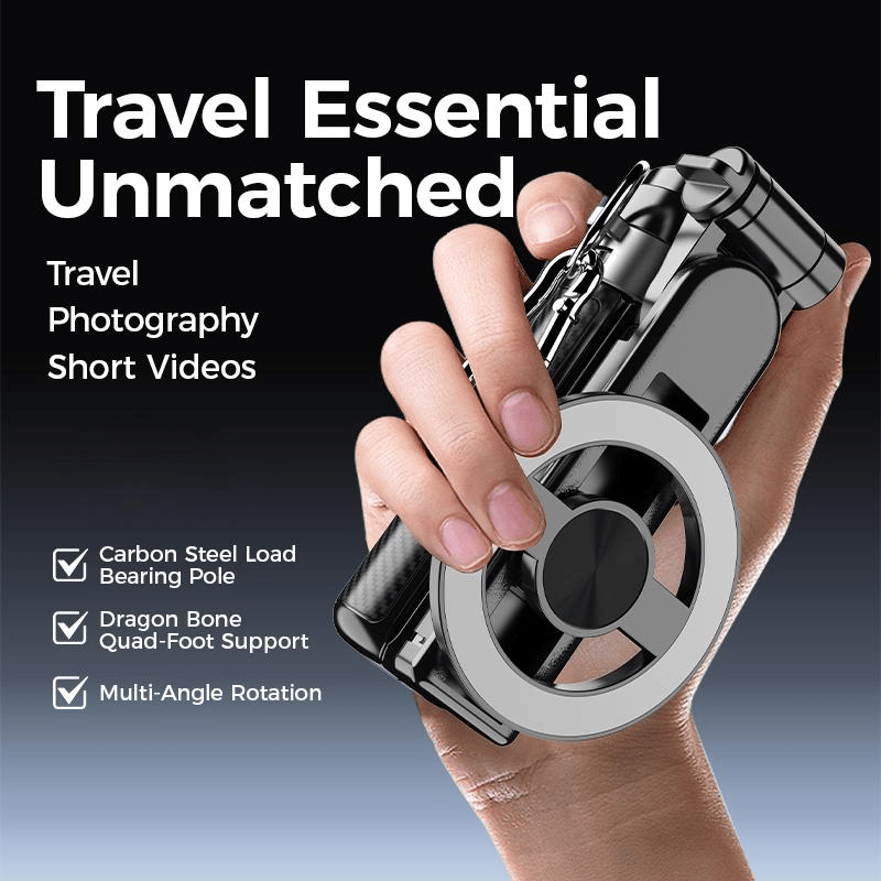 Arenzza 4-in-1 multifunctional magnetic selfie stick with 360° rotation, ideal for smartphones and cameras, black color.