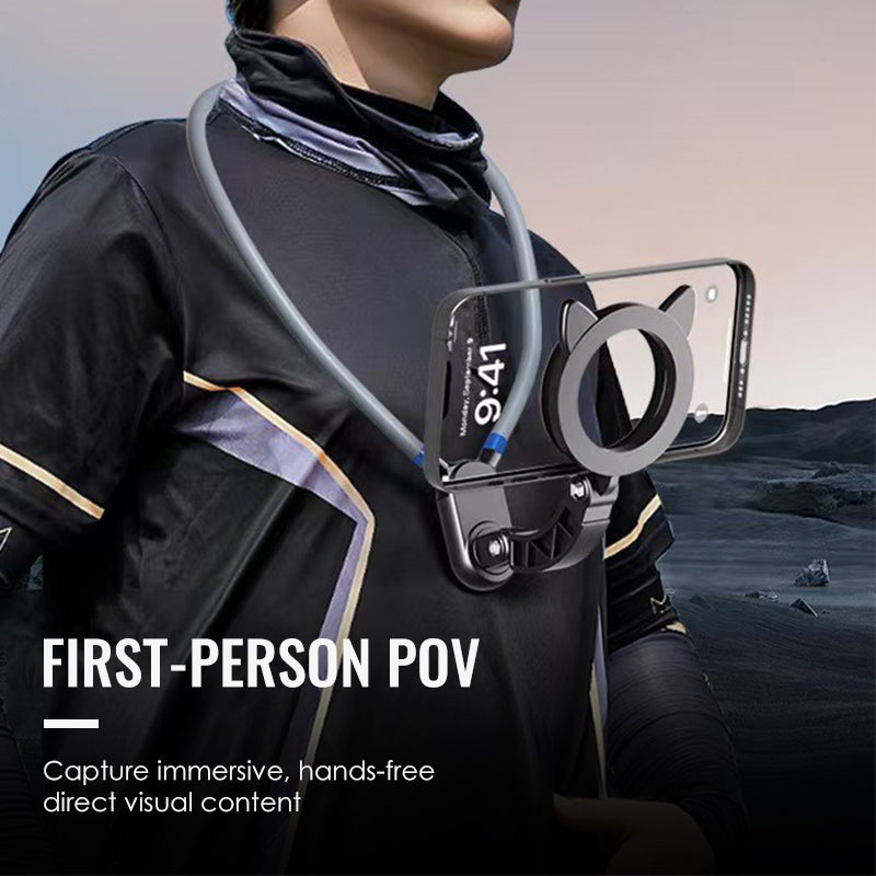 Arenzza hands-free magnetic neck phone mount attached around a person's neck holding a smartphone for easy access.